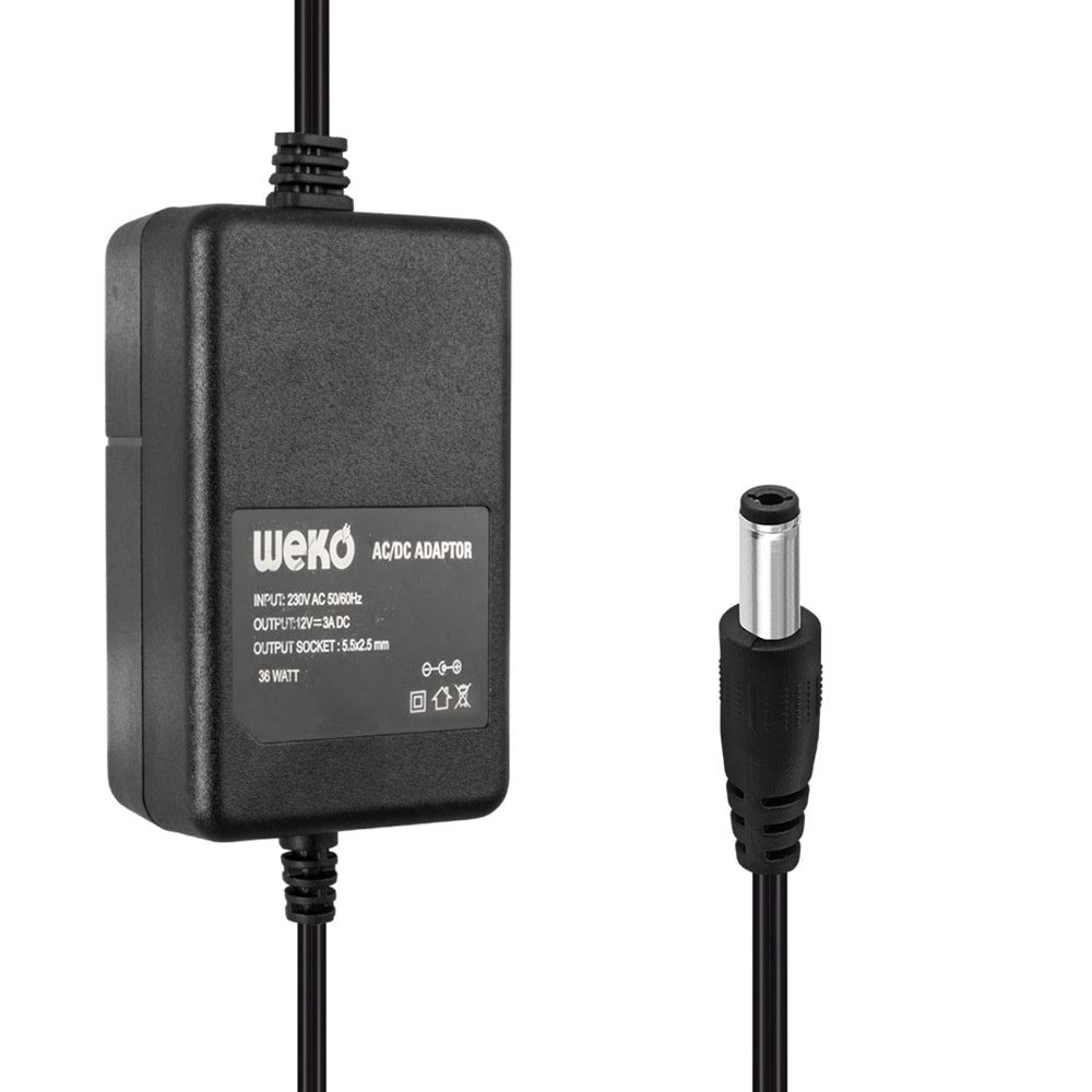 WEKO 12 VOLT - 3 AMPER 5.5*2.5 UÇLU YERLİ ÜRETİM PLASTİK KASA MASAÜSTÜ ADAPTÖRWEKO 12 VOLT - 3 AMPER 5.5*2.5 UÇLU YERLİ ÜRETİM PLASTİK KASA MASAÜSTÜ ADAPTÖR