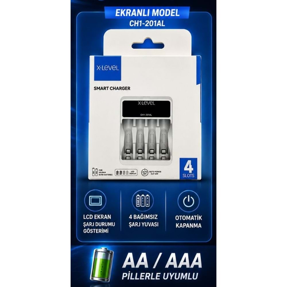 X-LEVEL CH1-201AL 4'LÜ AA/AAA EKRANLI HIZLI PİL ŞARJ CİHAZI (PİLSİZ)X-LEVEL CH1-201AL 4'LÜ AA/AAA EKRANLI HIZLI PİL ŞARJ CİHAZI (PİLSİZ)