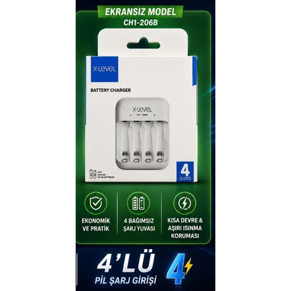 X-LEVEL CH1-206B 4'LÜ AA/AAA EKRANSIZ HIZLI PİL ŞARJ CİHAZI (PİLSİZ)X-LEVEL CH1-206B 4'LÜ AA/AAA EKRANSIZ HIZLI PİL ŞARJ CİHAZI (PİLSİZ)