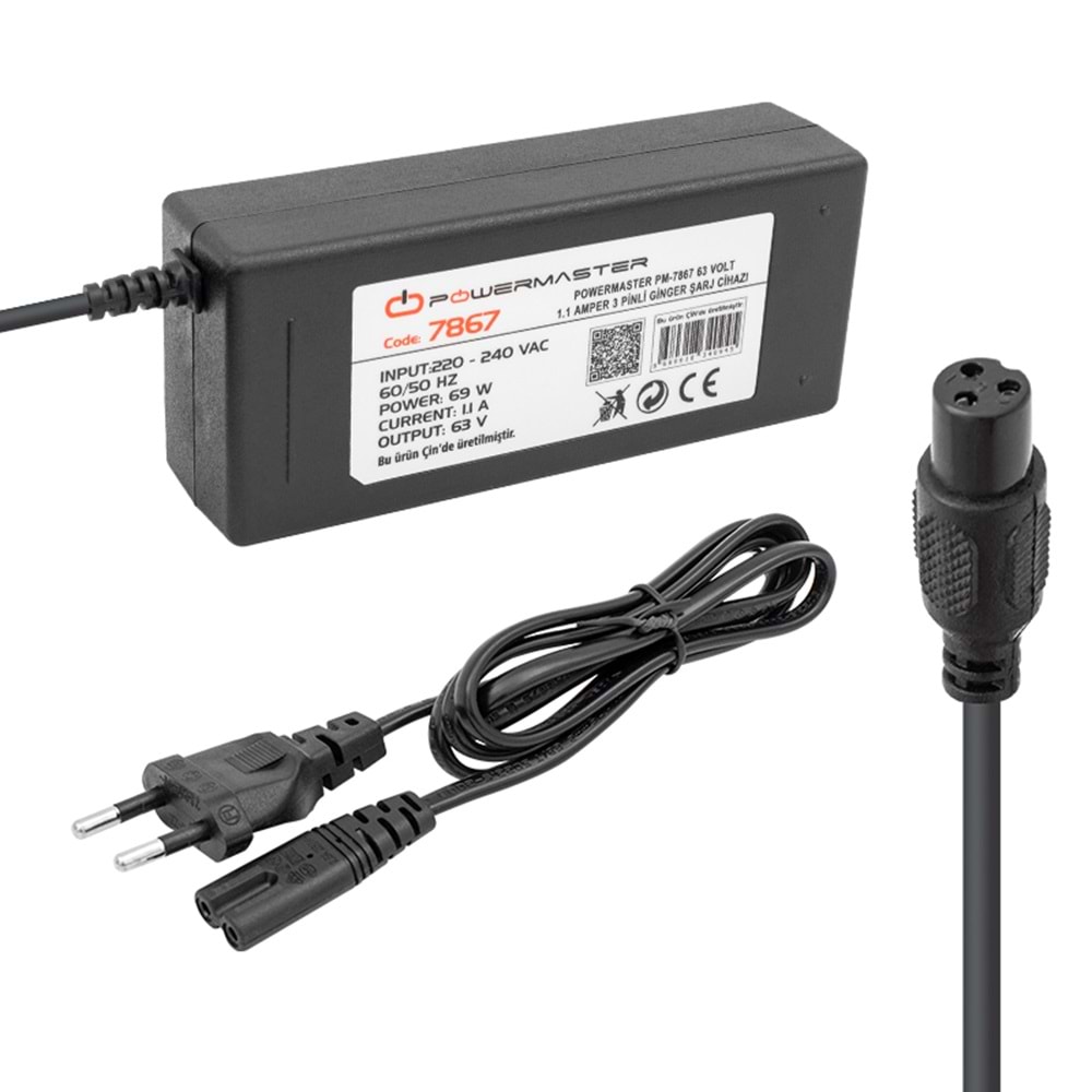 POWERMASTER PM-7867 63 VOLT- 1.1 AMPER - 69 WATT 3 PİNLİ MASAÜSTÜ GİNGER ŞARJ CİHAZI ADAPTÖRÜPOWERMASTER PM-7867 63 VOLT- 1.1 AMPER - 69 WATT 3 PİNLİ MASAÜSTÜ GİNGER ŞARJ CİHAZI ADAPTÖRÜ