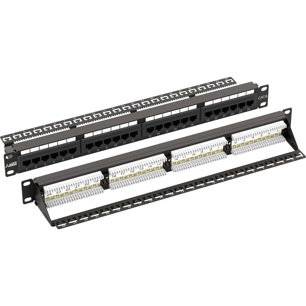 AGER CAT 6 Patch Panel, Dolu, 24-port RJ45 24-port RJ45, 8P8C, LSA