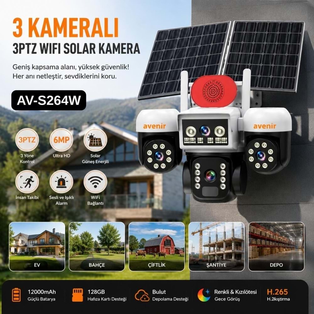 AVENIR 6 MP 3 KAMERALI 3 PTZ Wi-Fi AOV KAMERA (UYGULAMA:V380 PRO,AOV SÜREKLİ KAYIT,GECE RENKLİ GÖRÜŞ,HAREKET ALGILAMA,UYGULAMA BİLDİRİMİ,OTOMATİK TAKİP,ÇİFT YÖNLÜ SES,128 GB SD KART DESTEK)