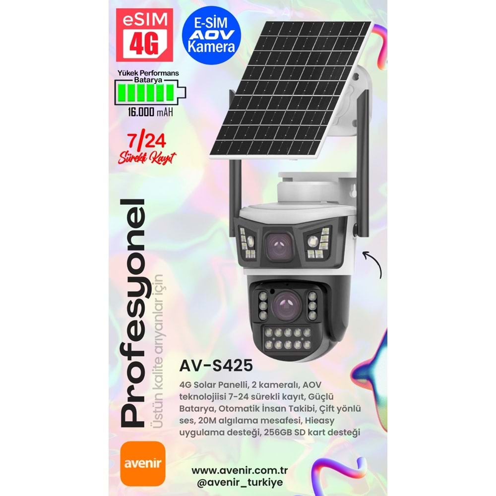 AVENIR 6 MP 2 KAMERALI 4G SİM KARTLI AOV KAMERA (UYGULAMA:HiEasy,SÜREKLİ KAYIT,GECE RENKLİ GÖRÜŞ,HAREKET ALGILAMA,UYGULAMA BİLDİRİMİ,OTOMATİK TAKİP,ÇİFT YÖNLÜ SES,256 GB SD KART DESTEK)