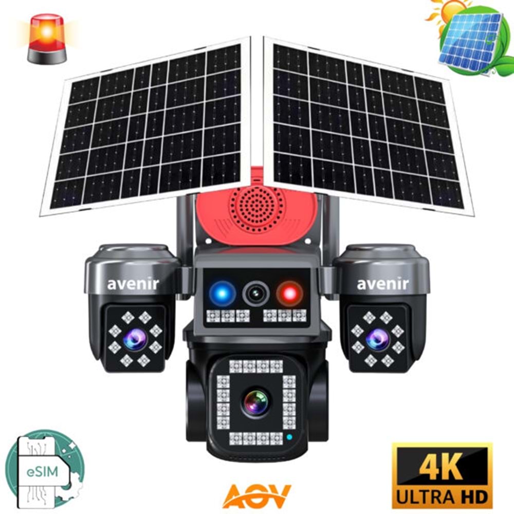 AVENIR 8 MP 4 KAMERALI 4G SİM KARTLI AOV KAMERA (UYGULAMA:HiEasy,AOV SÜREKLİ KAYIT,GECE RENKLİ GÖRÜŞ,HAREKET ALGILAMA,UYGULAMA BİLDİRİMİ,OTOMATİK TAKİP,ÇİFT YÖNLÜ SES,256 GB SD KART DESTEK)