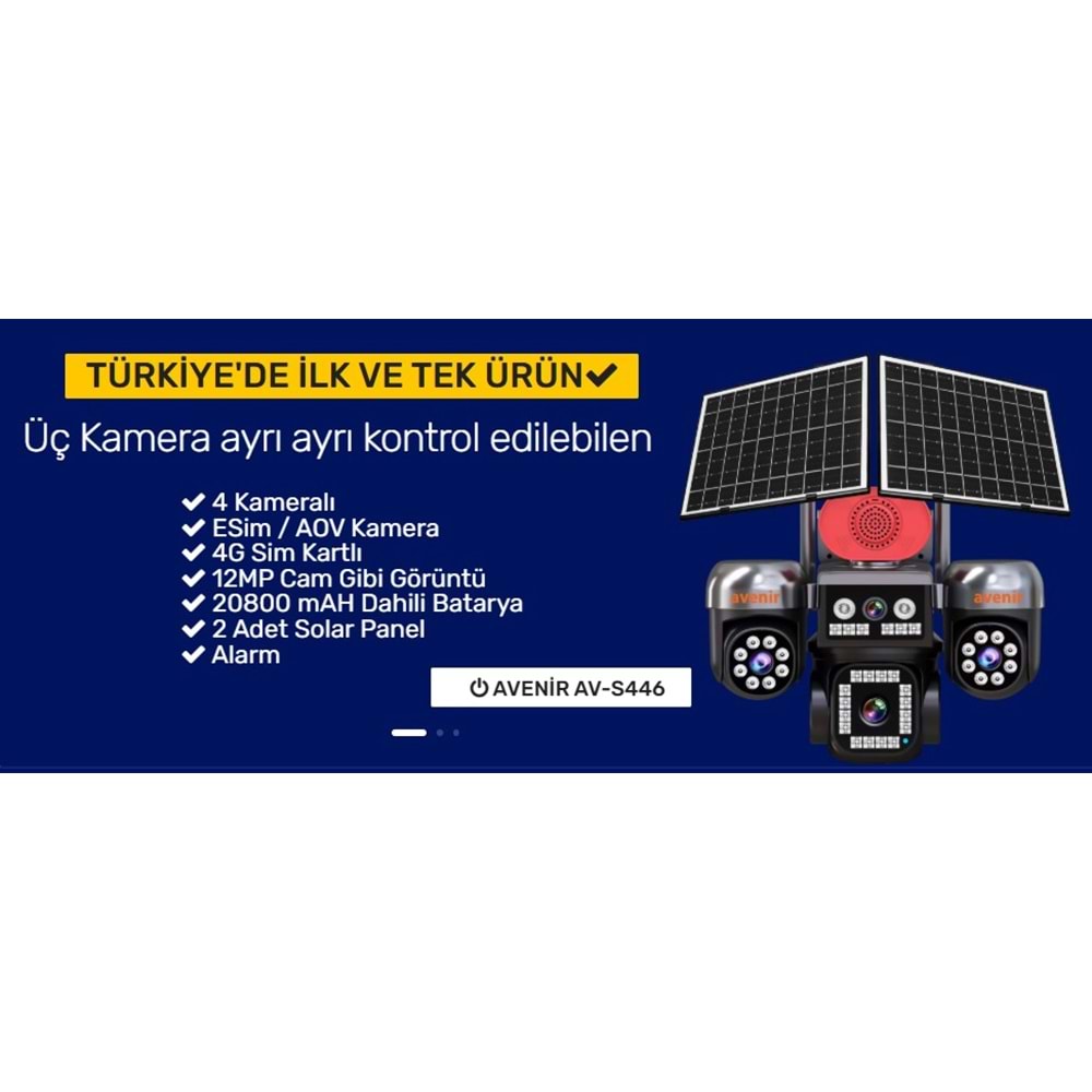 AVENIR 12 MP 4 KAMERALI 3 PTZ 1 SABİT 4G SİM KARTLI AOV KAMERA (UYGULAMA:HiEasy,AOV SÜREKLİ KAYIT,GECE RENKLİ GÖRÜŞ,HAREKET ALGILAMA,UYGULAMA BİLDİRİMİ,OTOMATİK TAKİP,ÇİFT YÖNLÜ SES,256 GB SD KART DESTEK)