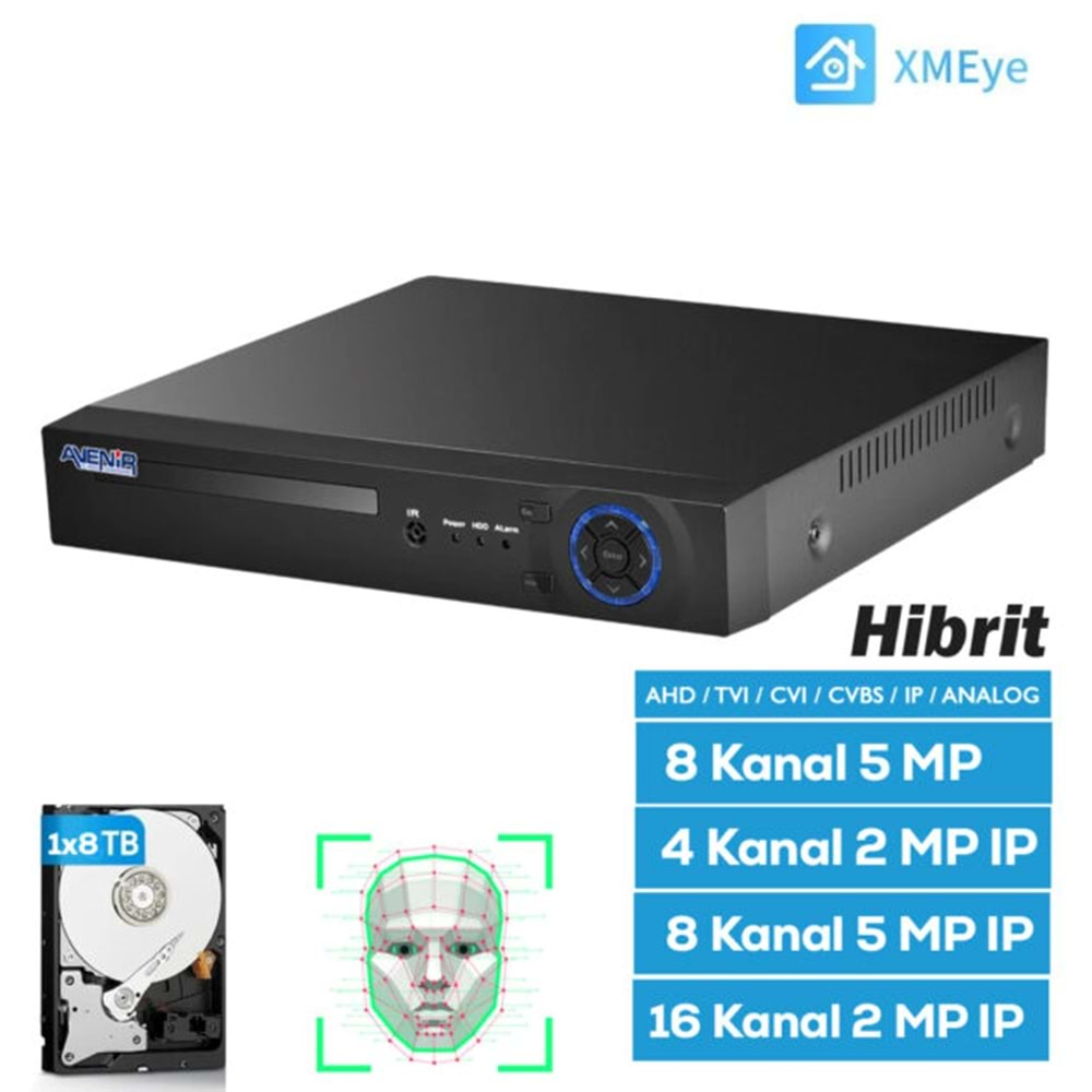 AVENIR h.265 AHD DVR 8 Kanal 5 MP 5IN1 Hibrit DHL (Yüz Tanıma Özelliği,HAREKET ALGILAMA VEYA SÜREKLİ KAYIT,1X6 TB HDD DESTEK) DHL