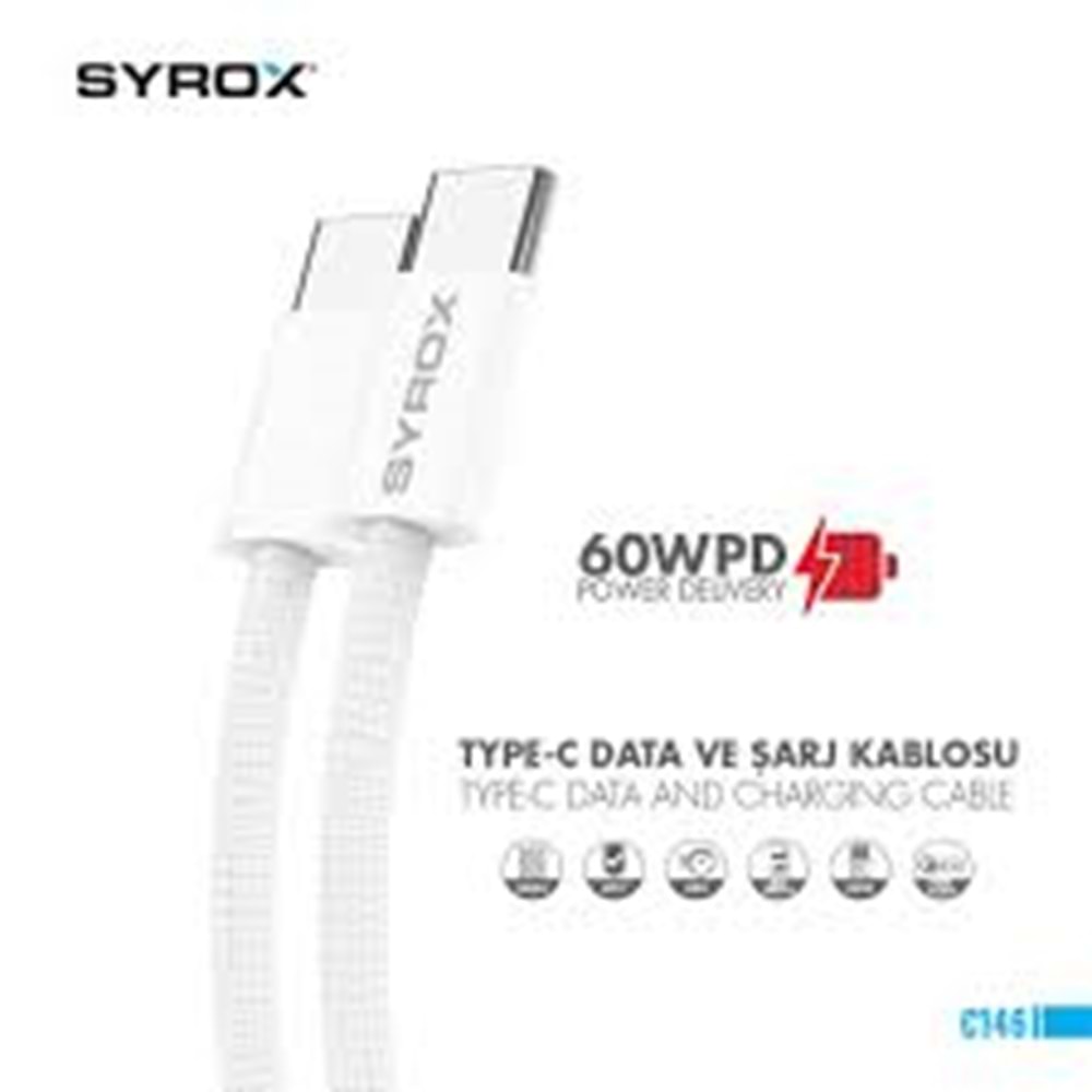 SYROX TYPE-C TO TYPE-C DATA VE ŞARJ KABLOSU