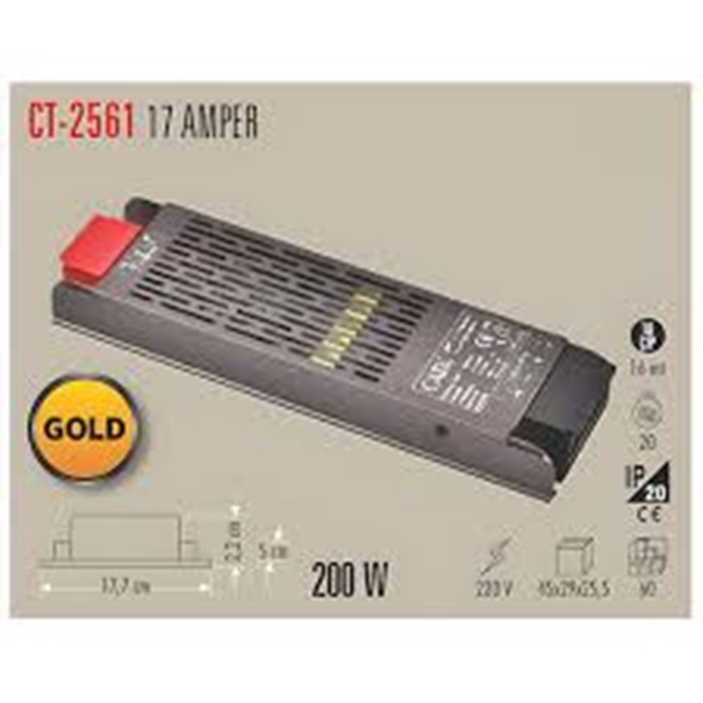 Cata CT-2561 1.KALİTE GOLD 12 V 17 A 200 W Slim Şerit Led Trafosu