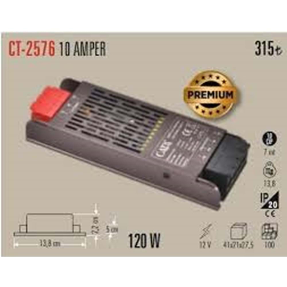 Cata Ct-2576 1.KALİTE GOLD 10 Amper Slim Şerit Led Trafosu 120w