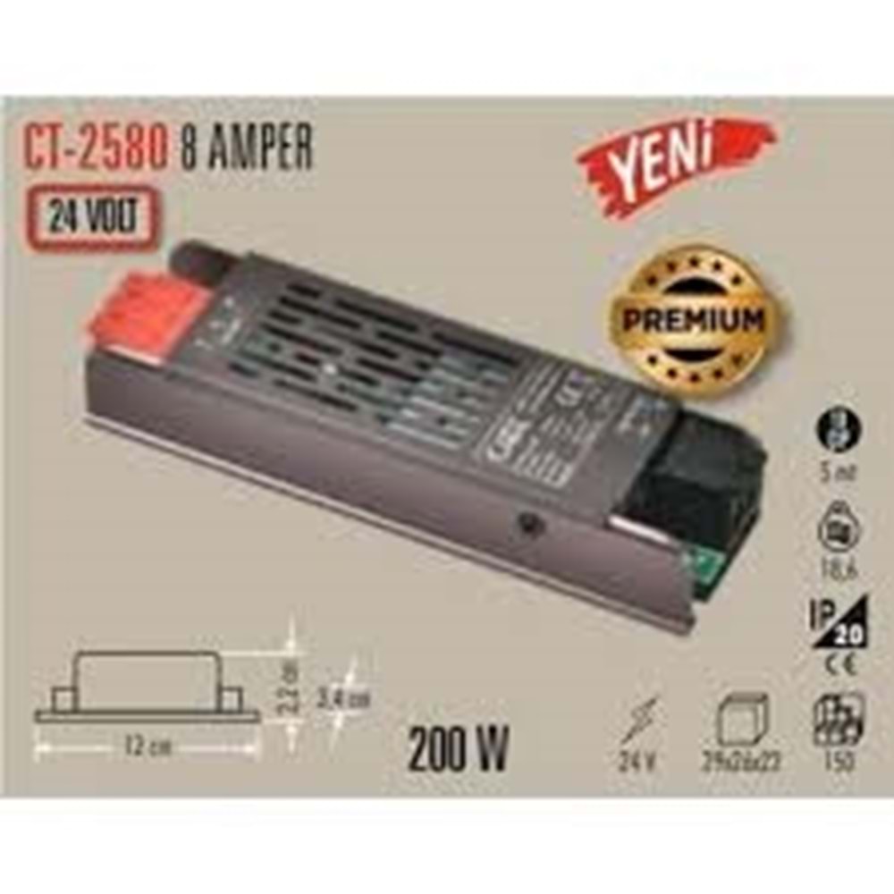 CATA CT 2580 1.KALİTE GOLD Süper Slim 8A 24V Şerit Led Trafosu 200W