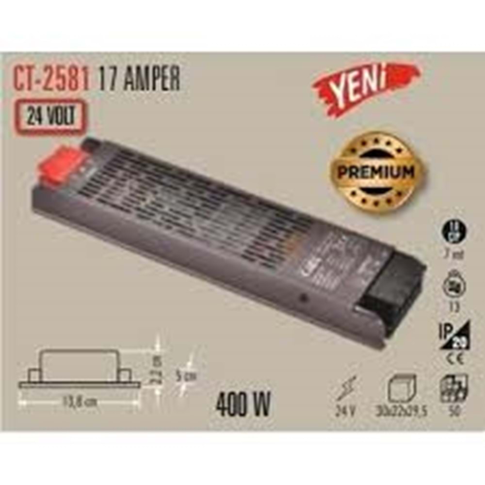 Cata CT 2581 Süper Slim 17A 24V Şerit Led Trafosu 400W