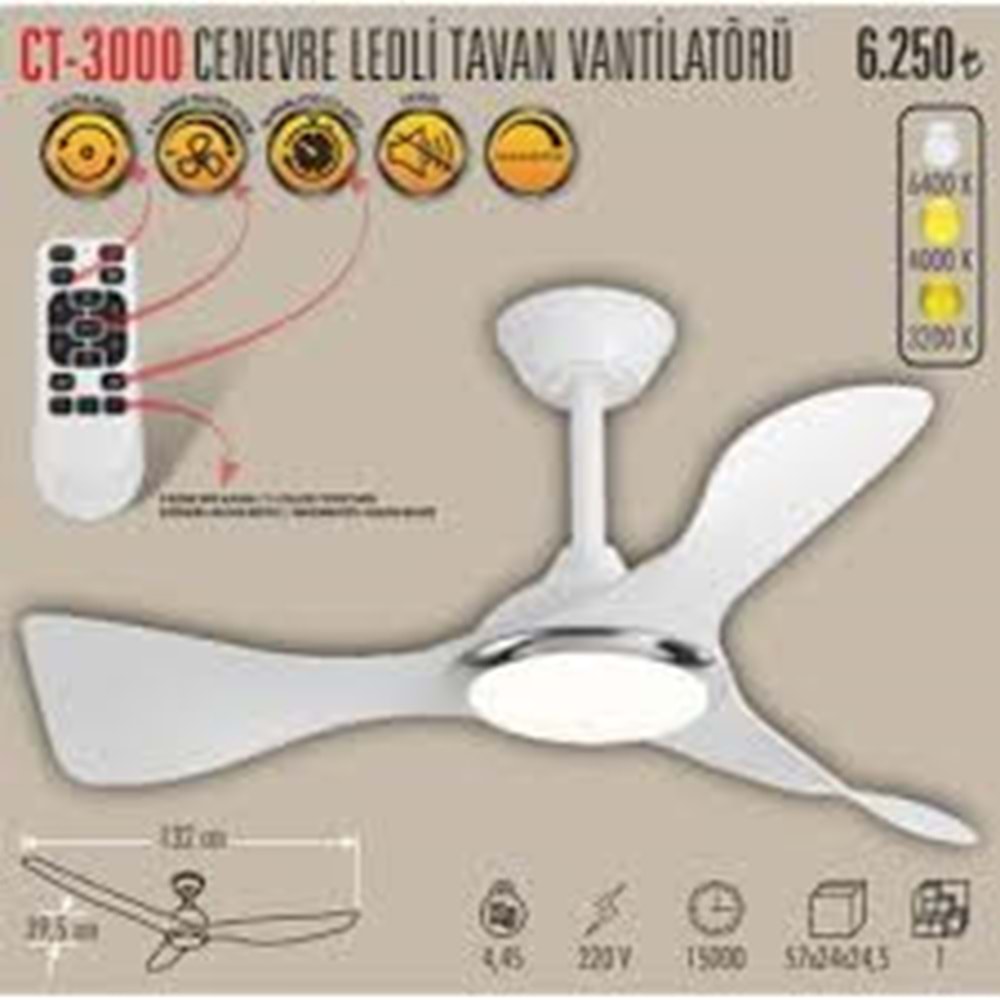 Cata Ct-3000 Modern Tavan Vantilatörü Beyaz Led Işıklı ...