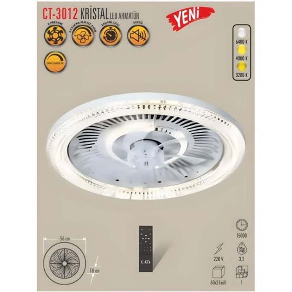 CT 3012 KRİSTAL 40W Ledli Tavan Vantilatörü Kumandalı