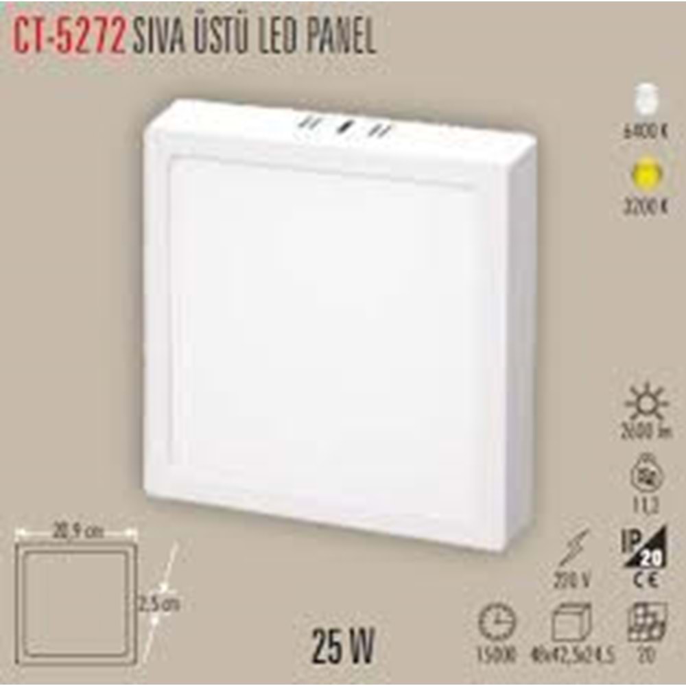 Cata CT-5272 25 W Sıva Üstü Kare Beyaz Işık Led Armatür