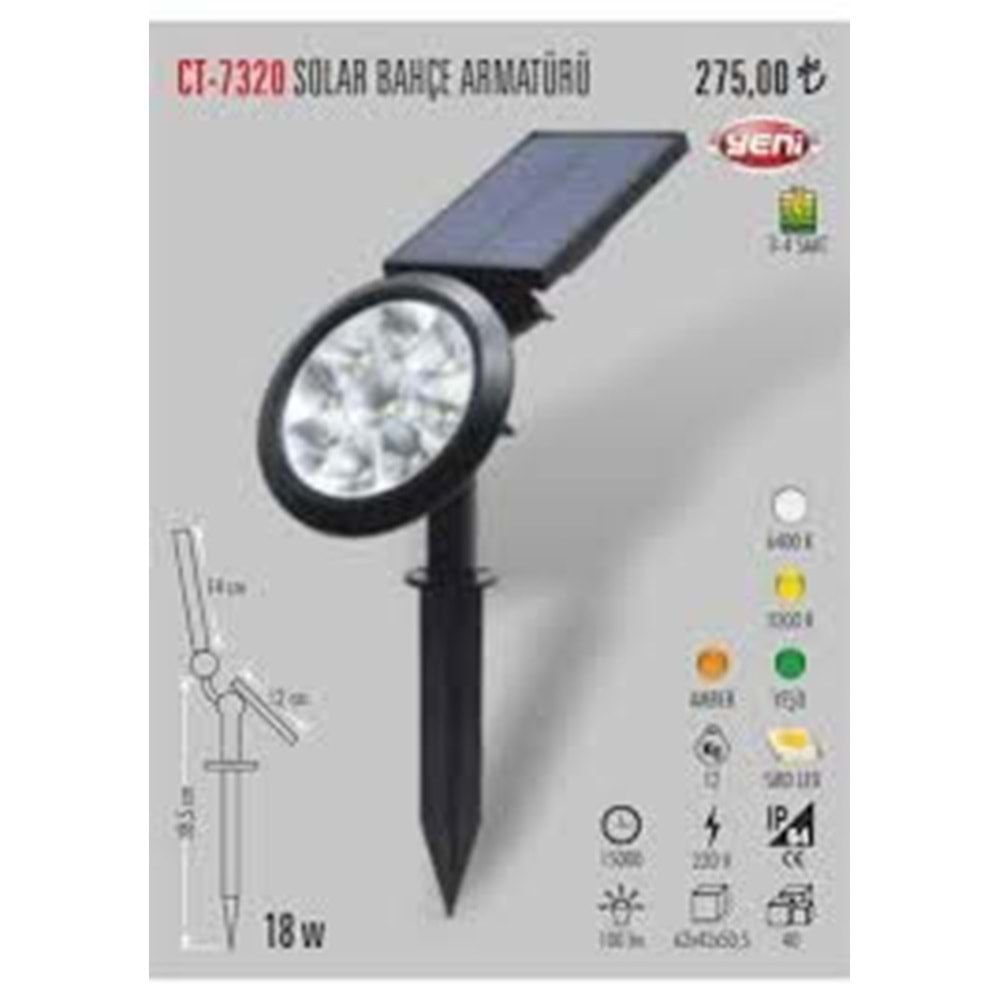 Cata 18W Solar Bahçe Armatürü Amber Ct-7320 AMBER-G.IŞIGI-YEŞİL