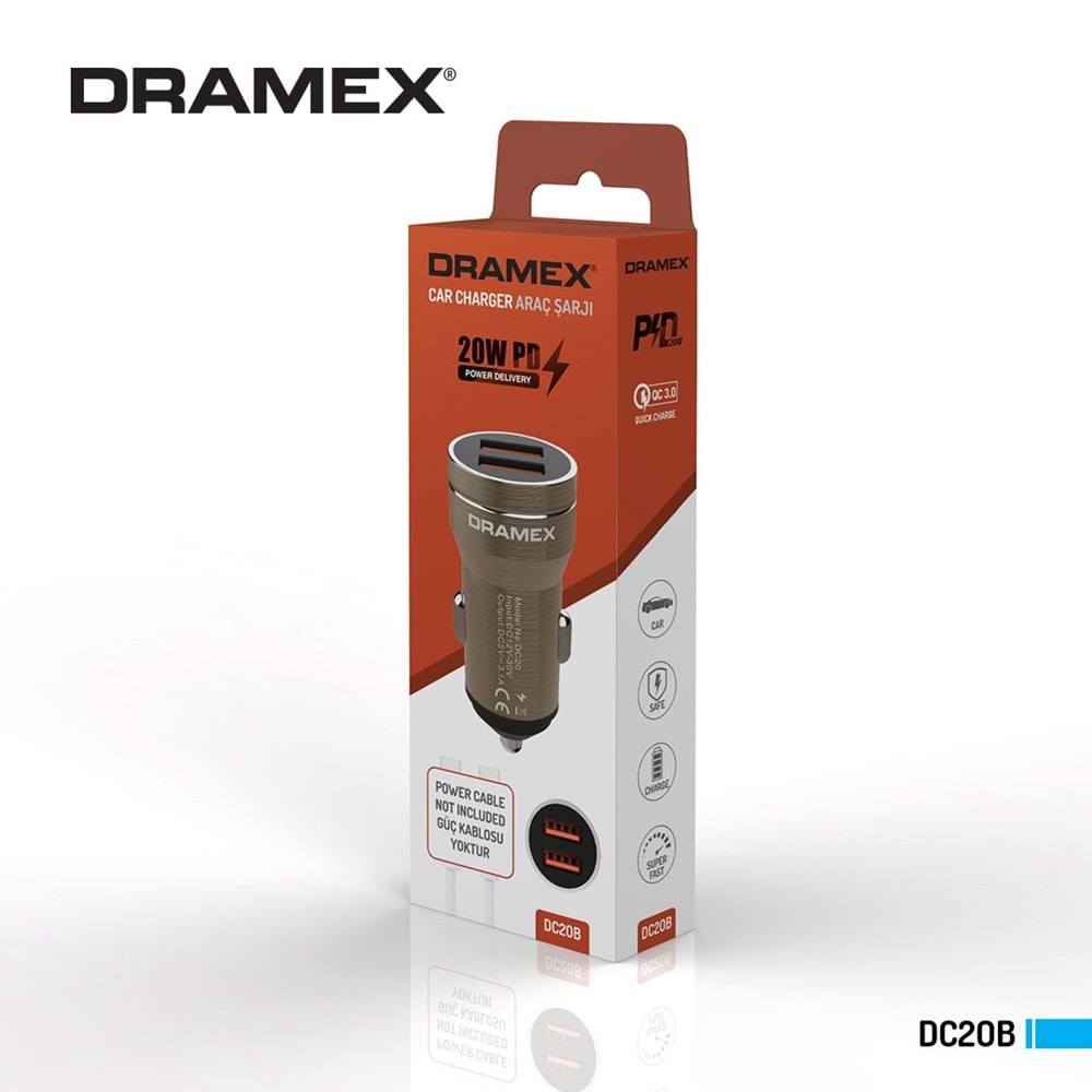 Dramex DC20B Araç Şarj Başlığı 3.1A PD20W 2xUSB Giriş