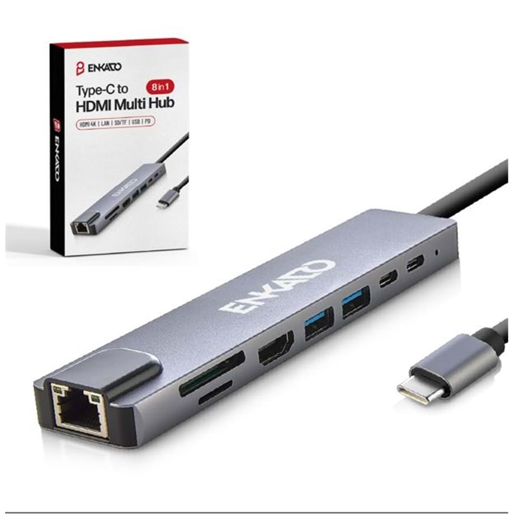 ENKADO TYPE-C TO TO HDMI 8İN 2PD+2 USB 2,0 +HDMI 4K +SD/TF+ETHERNET 100MBS