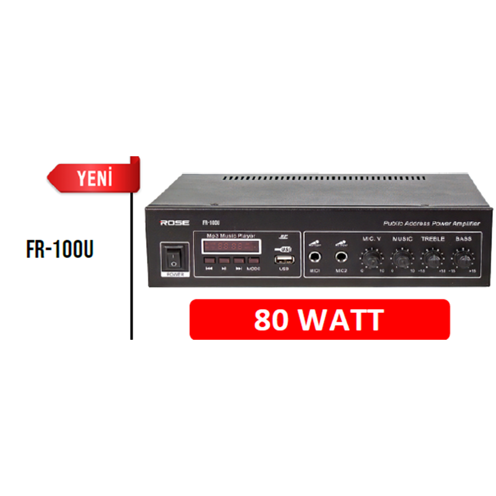ROSE 80 W MONO 2 MİKROFON GİRİŞLİ TRAFOLU TRAFOSUZ ÇIKIŞLI AMFİ