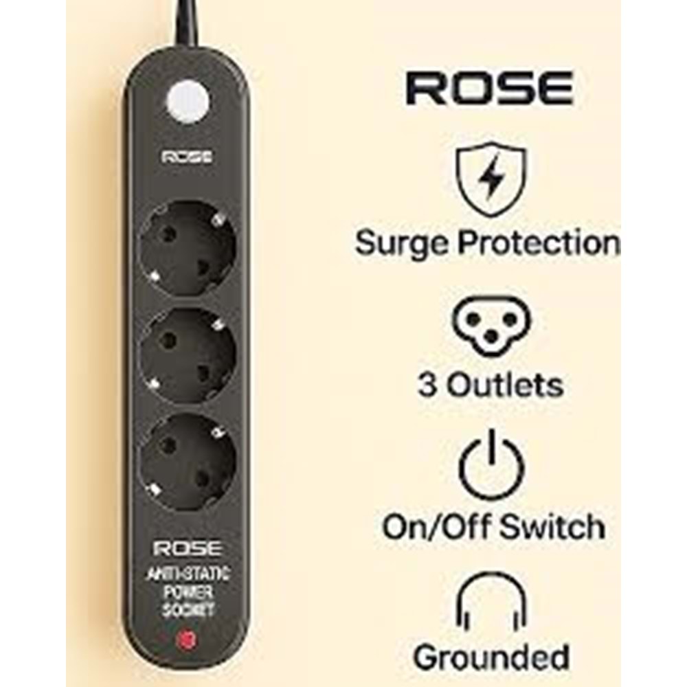ROSE AKIM KORUMALI 3MT KABLOLU PRİZ