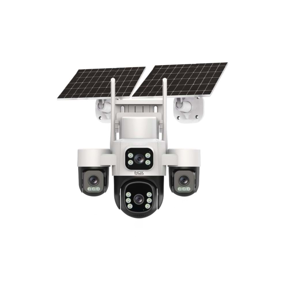 INOX 4 KAMERALI 1 PTZ 3 SABİT 4G SİM KARTLI AOV KAMERA ÇİFT GÜNEŞ PANEL(UYGULAMA:HiEasy,AOV SÜREKLİ KAYIT,GECE RENKLİ GÖRÜŞ,HAREKET ALGILAMA,UYGULAMA BİLDİRİMİ,OTOMATİK TAKİP,ÇİFT YÖNLÜ SES,256 GB SD KART DESTEK)