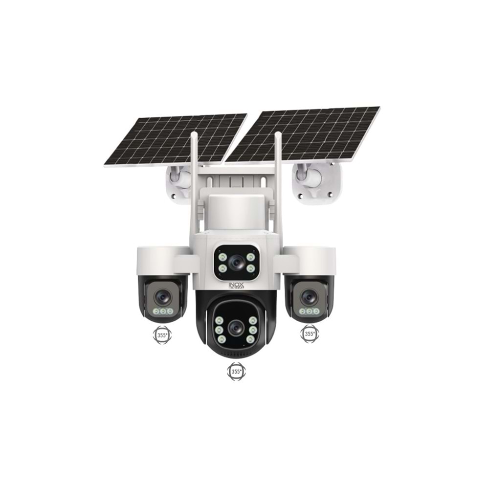 INOX 4 KAMERALI 3 PTZ 1 SABİT 4G SİM KARTLI AOV KAMERA ÇİFT GÜNEŞ PANEL(UYGULAMA:HiEasy,AOV SÜREKLİ KAYIT,GECE RENKLİ GÖRÜŞ,HAREKET ALGILAMA,UYGULAMA BİLDİRİMİ,OTOMATİK TAKİP,ÇİFT YÖNLÜ SES,256 GB SD KART DESTEK)