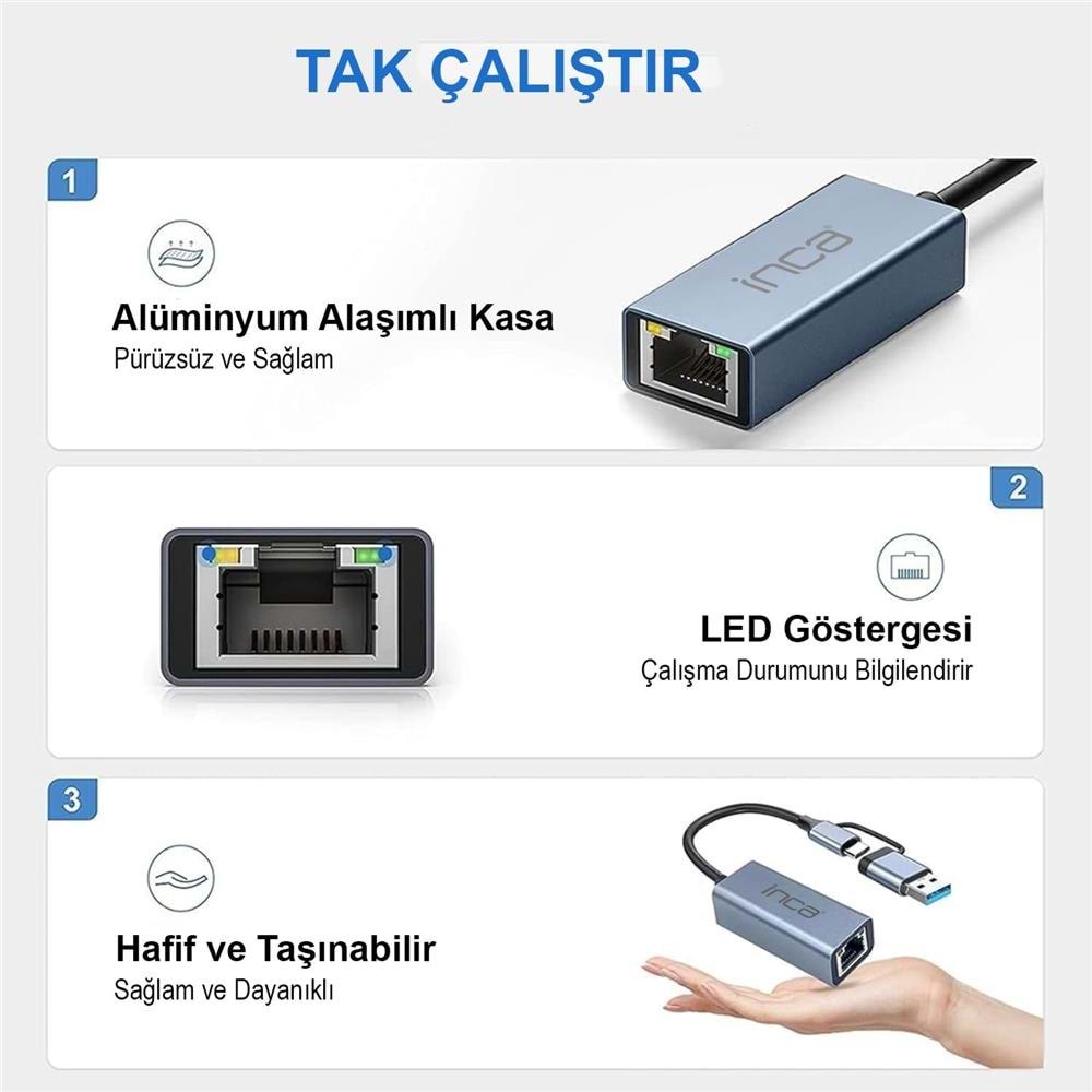 Inca Ethernet Adaptörü USB ve TYPE-Cye Bağlantı USB 3.0 ve TYPE-C 3.1 Alüminyum 1000Mbps