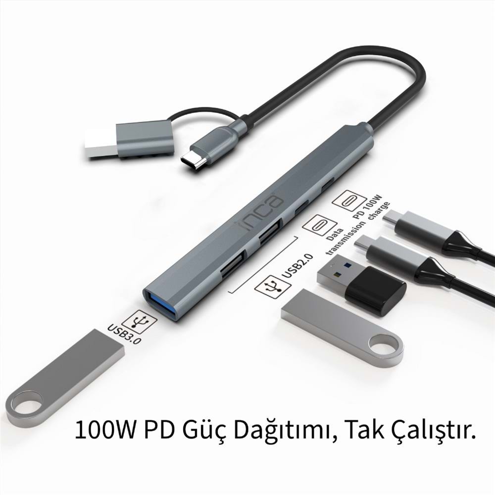 Inca 5in1 USB 3.0 + 2xUSB 2.0+Type-C+PD 100W USB+Type-C Çoklayıcı 3.0 ile 5 Gbps