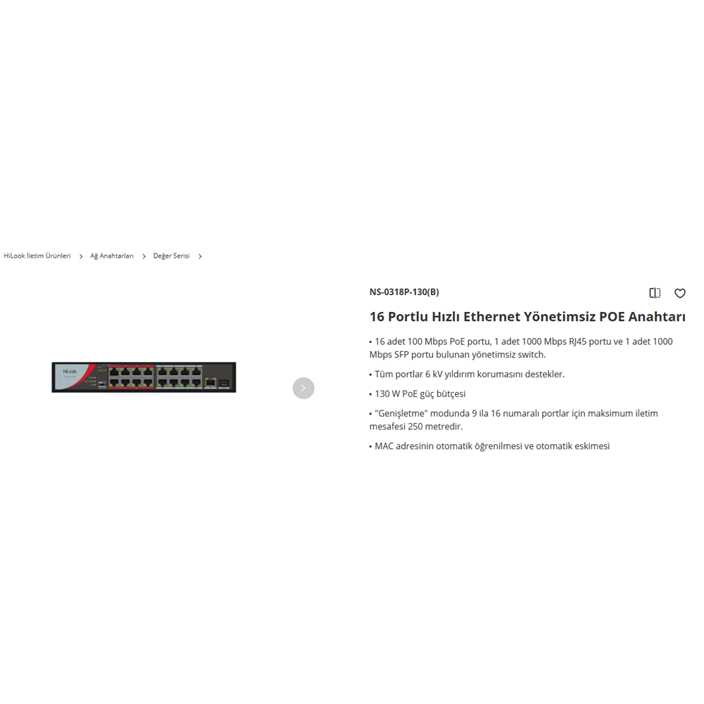 HİLOOK POE SWİTCH 16 PORT 10/100 1*1000 MBPS RJ 45 PORT +1*1000MBPS SFP PORT