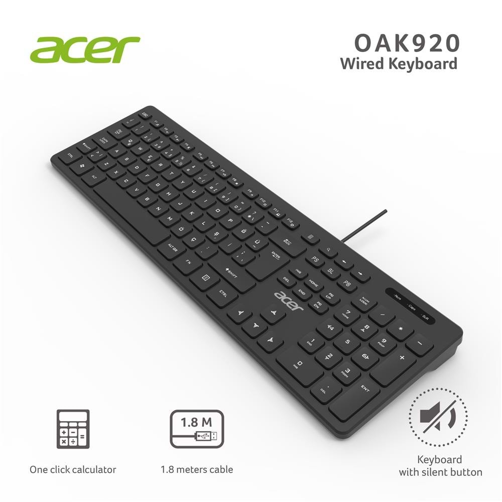 Acer Q Usb SİYAH 1.8mt Kablolu Klavye/Tek Tuş Hesap Makinalı (Sessiz Tuş)