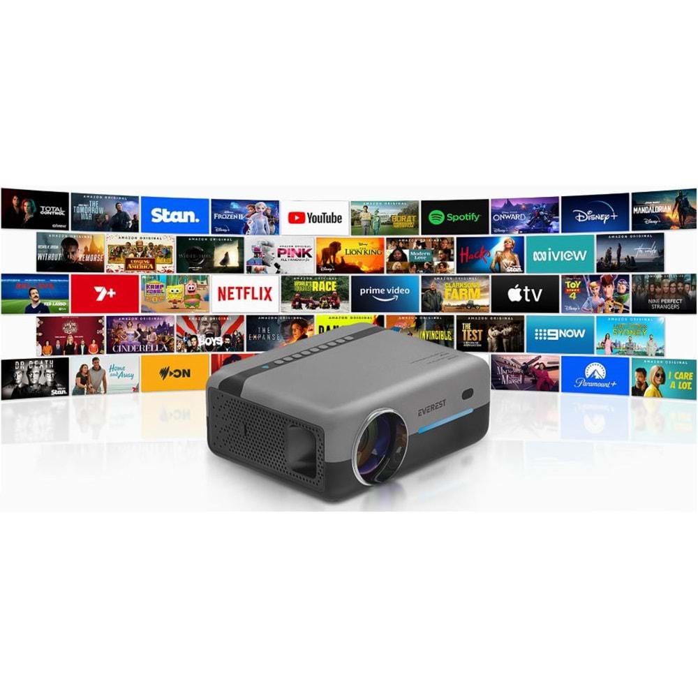 EVEREST GRİ/SİYAH FULL HD LED PROJEKSİYON (ANDROİD 9,KABLOSUZ EKRAN YANSITMA, 1.7-6.9 METRE,DAHİLİ HOPARLÖR)