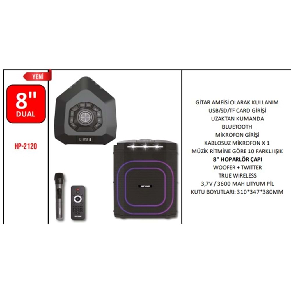 ROSE HP-2120 8 INCH PARTYBOX BLUETOOHT AMFİ HOPARLÖR