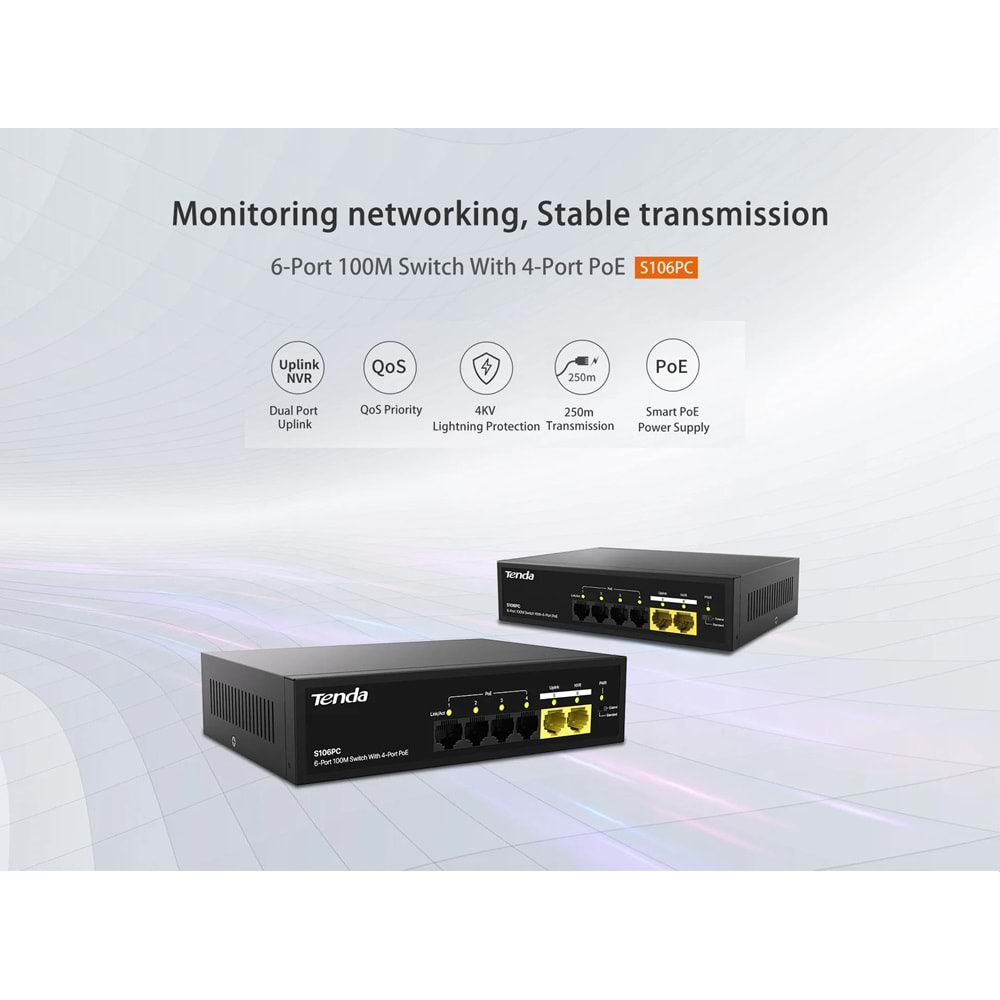 TENDA 6 PORT 4 PORT POE+ 10/100 MBPS + 2 PORT UPLINK SWITCH