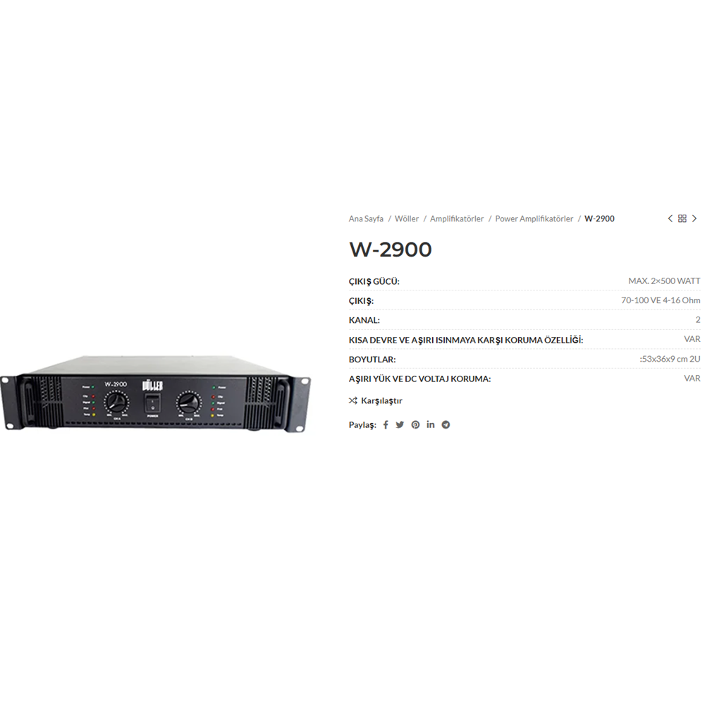 WÖLLER 2 KANAL 2*500 WATT HAT TRAFOLU VE 4-16 OHM POWER AMFİ
