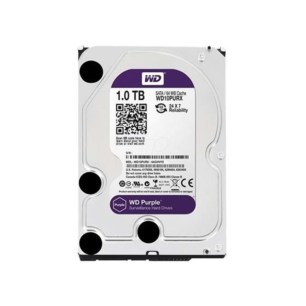 WD 1 TB 3.5 PURPLE SATA3 5400RPM 64MB 7/24 GUVENLIK WD10PURX (2 YIL RESMI DIST GARANTILI)