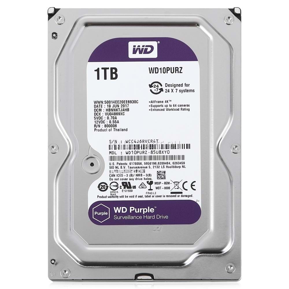 WD 1 TB 3.5 PURPLE SATA3 5400RPM 64MB 7/24 GUVENLIK WD10PURZ (3 YIL RESMI DIST GARANTILI)