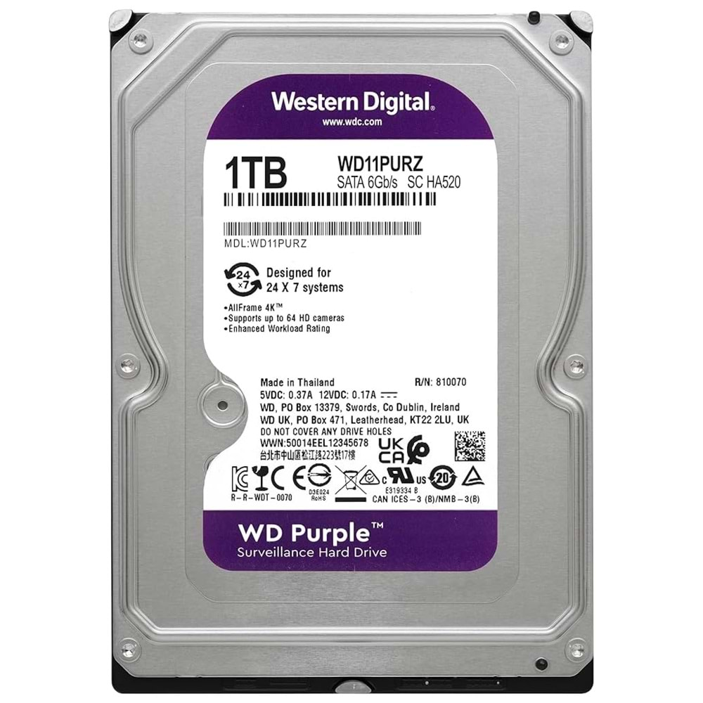 WD 1 TB 3.5 PURPLE SATA3 5400RPM 64MB 7/24 GUVENLIK WD11PURZ (RESMI DIST GARANTILI)