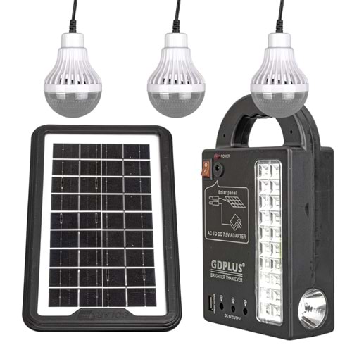 POWERMASTER GD-999 GÜNEŞ PANELLİ 3 LAMBALI POWERBANK ÖZELLİKLİ ÇOK AMAÇLI ŞARJLI SOLAR AYDINLATMA