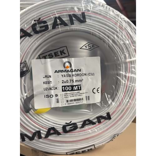 ARMAĞAN 2 X 0,75 MM2 BEYAZ BAKIR YASSI KORDON KABLO 100 METRE KABLO