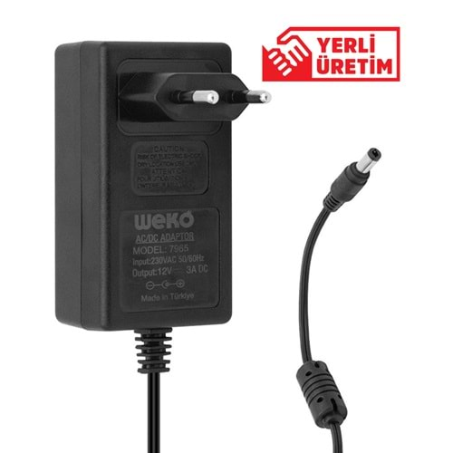 WEKO 12 VOLT - 3 AMPER - 36 WATT 5.5*2.5 UÇLU YERLİ ÜRETİM PLASTİK KASA PRİZ TİP ADAPTÖR