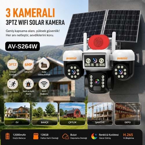 AVENIR 6 MP 3 KAMERALI 3 PTZ Wi-Fi AOV KAMERA (UYGULAMA:V380 PRO,AOV SÜREKLİ KAYIT,GECE RENKLİ GÖRÜŞ,HAREKET ALGILAMA,UYGULAMA BİLDİRİMİ,OTOMATİK TAKİP,ÇİFT YÖNLÜ SES,128 GB SD KART DESTEK)