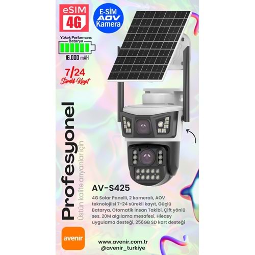 AVENIR 6 MP 2 KAMERALI 4G SİM KARTLI AOV KAMERA (UYGULAMA:HiEasy,SÜREKLİ KAYIT,GECE RENKLİ GÖRÜŞ,HAREKET ALGILAMA,UYGULAMA BİLDİRİMİ,OTOMATİK TAKİP,ÇİFT YÖNLÜ SES,256 GB SD KART DESTEK)