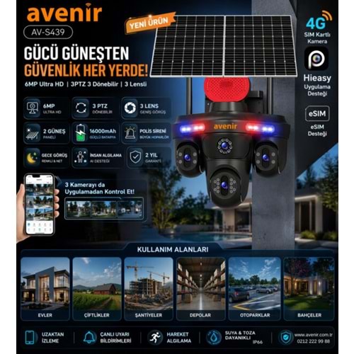 AVENIR 6 MP 3 KAMERALI 3 PTZ 4G AOV KAMERA ÇİFT GÜNEŞ PANEL(UYGULAMA:HiEasy,AOV SÜREKLİ KAYIT,GECE RENKLİ GÖRÜŞ,HAREKET ALGILAMA,UYGULAMA BİLDİRİMİ,OTOMATİK TAKİP,ÇİFT YÖNLÜ SES,256 GB SD KART DESTEK)