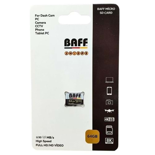 BAFF 64GB microSD U3 V30 A1 Aksiyon Kamera & Güvenlik Kamerası Uyumlu