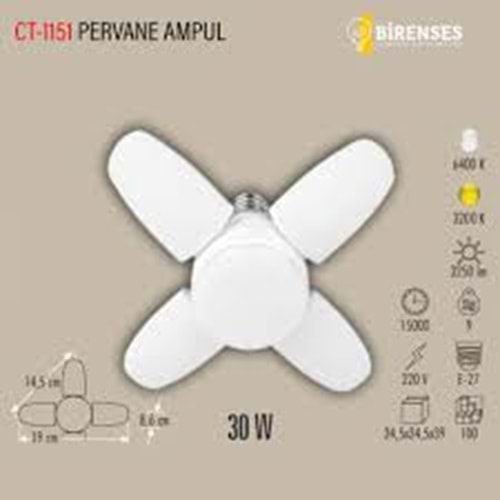 CT-1151 Cata 30 Watt 4 Kollu Pervane Led Ampul Beyaz