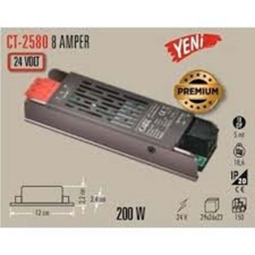 CATA CT 2580 1.KALİTE GOLD Süper Slim 8A 24V Şerit Led Trafosu 200W