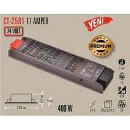 Cata CT 2581 Süper Slim 17A 24V Şerit Led Trafosu 400W
