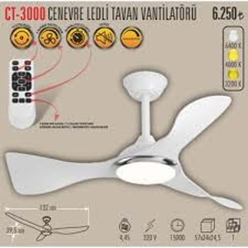 Cata Ct-3000 Modern Tavan Vantilatörü Beyaz Led Işıklı ...