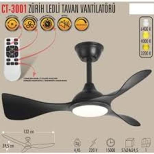 Cata Ct-3001 Modern Tavan Vantilatörü Siyah Led Işıklı