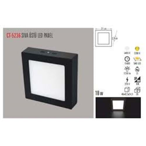 Cata Ct-5236 18W Sıva Üstü Kare Siyah Panel ...