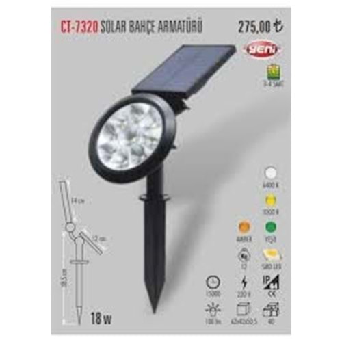 Cata 18W Solar Bahçe Armatürü Amber Ct-7320 AMBER-G.IŞIGI-YEŞİL